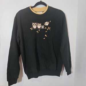 Vintage Cottagecore Owl Embroidered Sweatshirt Sz M Forest Green Crew Neck Fall